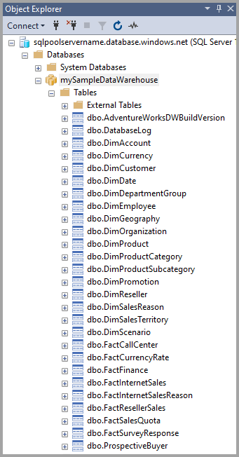 Képernyőkép az SQL Server Management Studio Object Explorer adatbázis-objektumokról.
