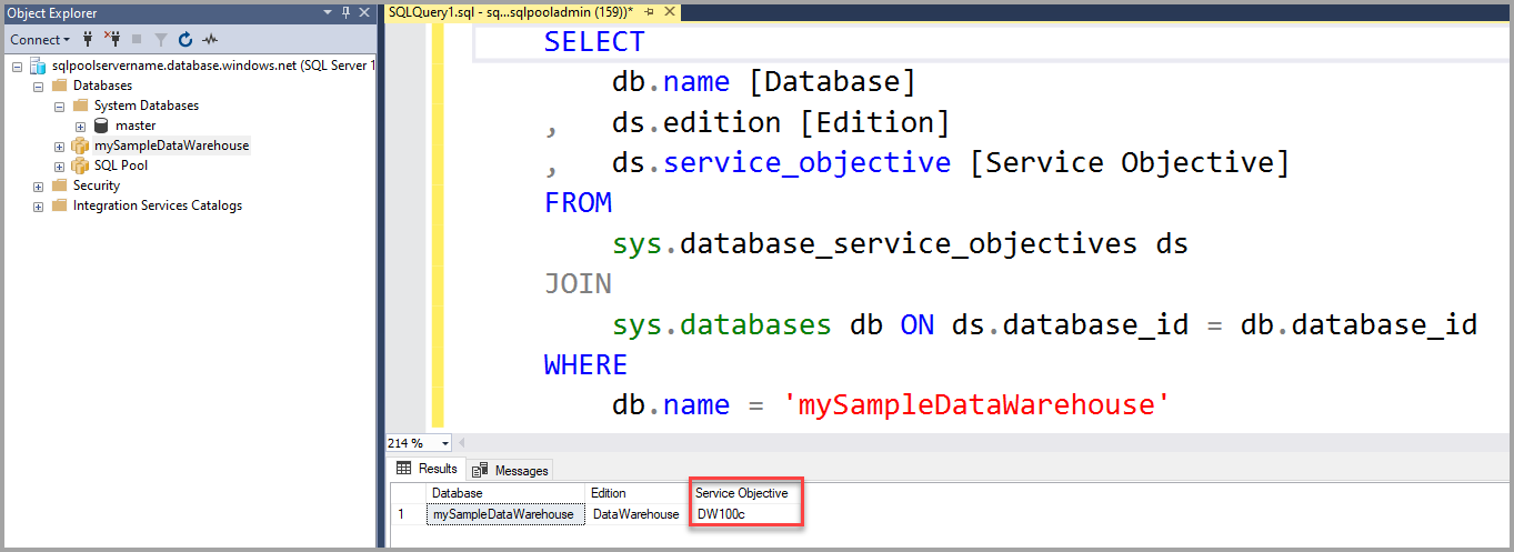 Képernyőkép az SQL Server Management Studio eredménykészletéről, amelyen az aktuális DWU látható a Service Objective oszlopban.