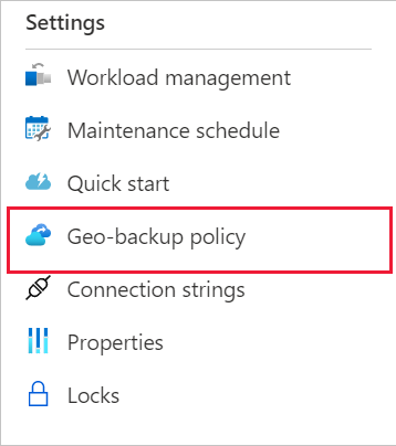 Képernyőkép az Azure Portalról a navigációs menüről, amelyen látható, hogy hol található a geo-biztonsági mentési szabályzat lapja.