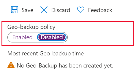 Képernyőkép az Azure Portalról a geo-biztonsági mentés letiltásának lehetőségéről.