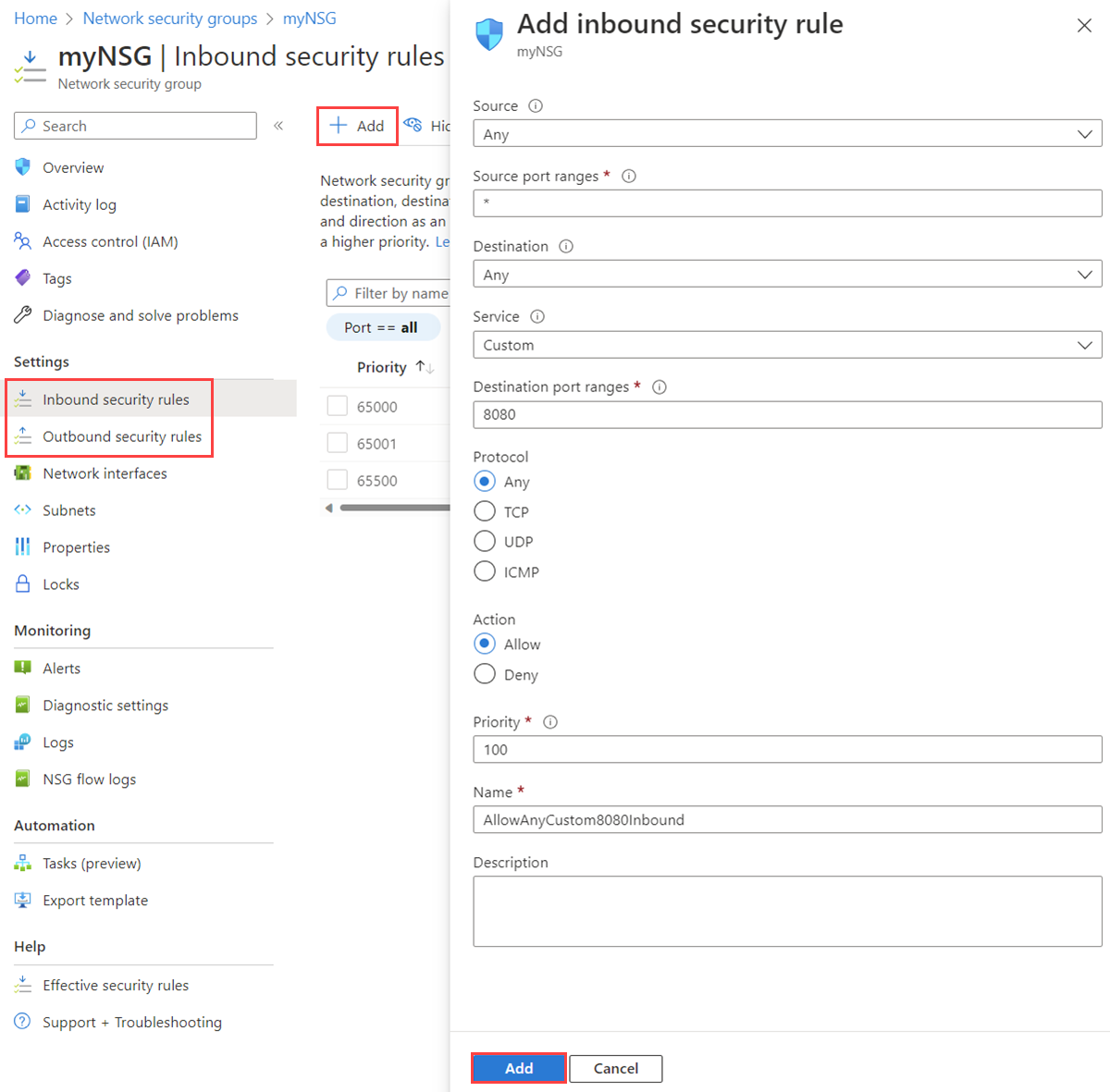 Képernyőkép biztonsági szabály hozzáadásáról egy hálózati biztonsági csoporthoz az Azure Portalon.