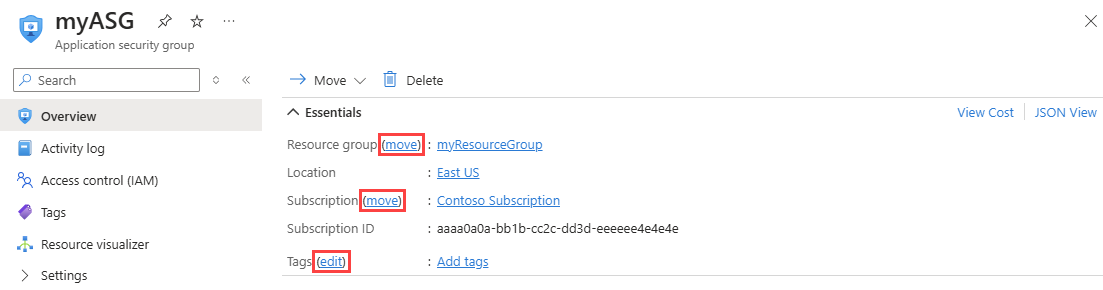 Képernyőkép egy alkalmazásbiztonsági csoport módosításáról az Azure Portalon.