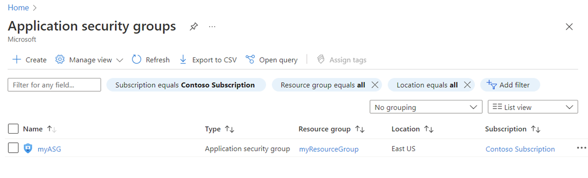 Képernyőkép az Azure Portal meglévő alkalmazásbiztonsági csoportjairól.