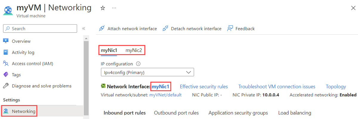 Képernyőkép egy virtuális géphez csatlakoztatott hálózati adapterről az Azure Portalon.