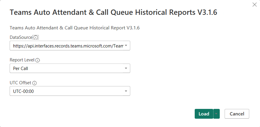 Screenshot showing the DataSource, Report Level, and UTC Offset selections.