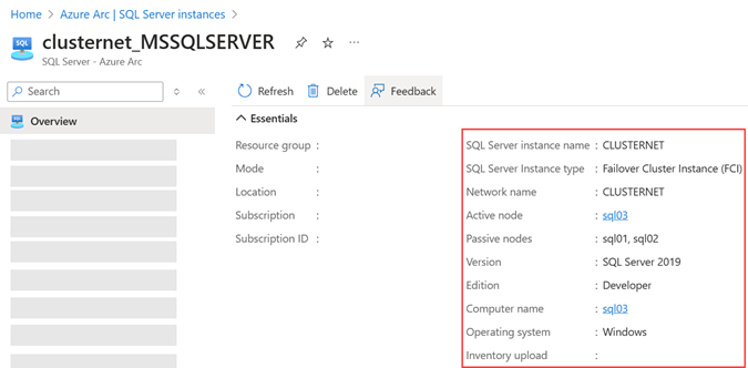 Képernyőkép az Azure Portalról az Azure Arc által engedélyezett átvételi klaszterpéldányhoz.