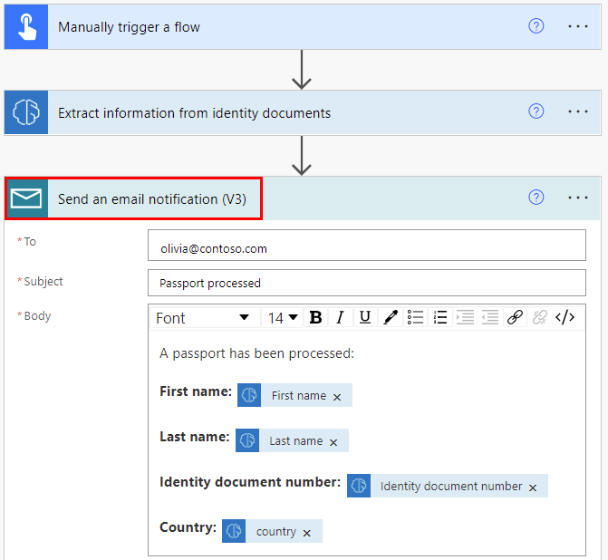 Képernyőkép egy e-mail küldése összekötőről egy manuálisan aktivált információkinyerési lépésben egy folyamatban.
