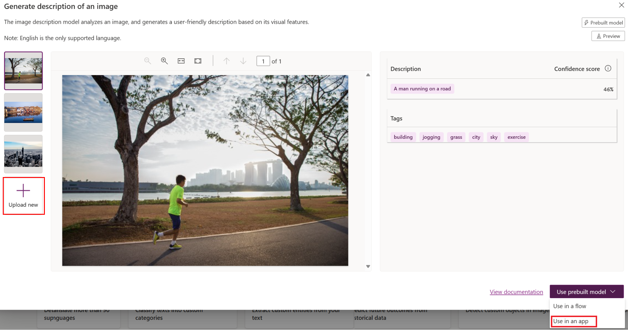 Képernyőkép a Kép leírásának létrehozása lapról, amelyen ki van emelve a Használat alkalmazásban gomb.