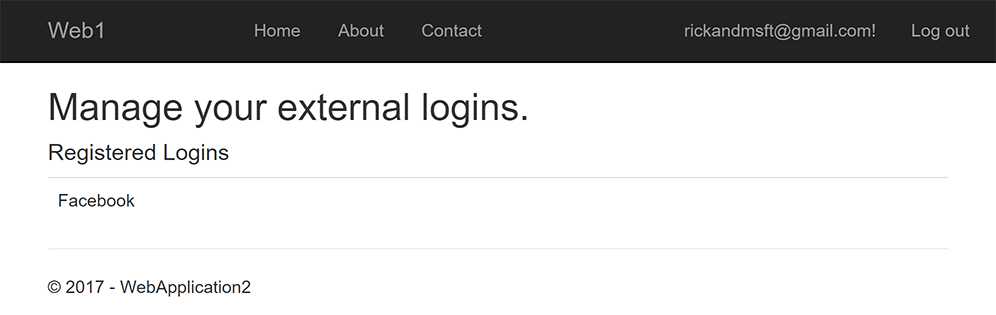 Manage your external logins view listing Facebook