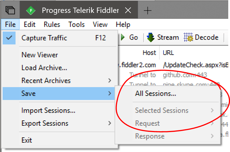 Exporting all sessions from Fiddler