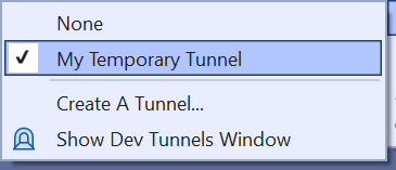 Hibakeresés az új alagutat megjelenítő Dev Tunnels-legördülő menüben.