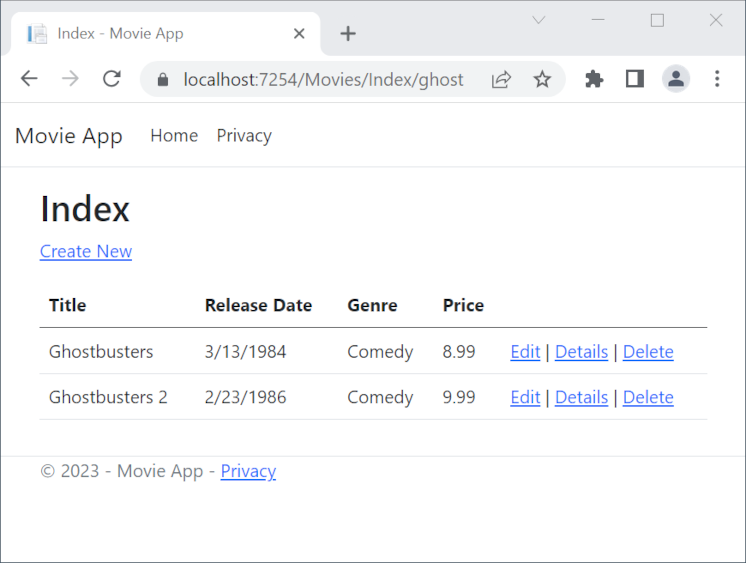 Index view with the word ghost added to the Url and a returned movie list of two movies, Ghostbusters and Ghostbusters 2