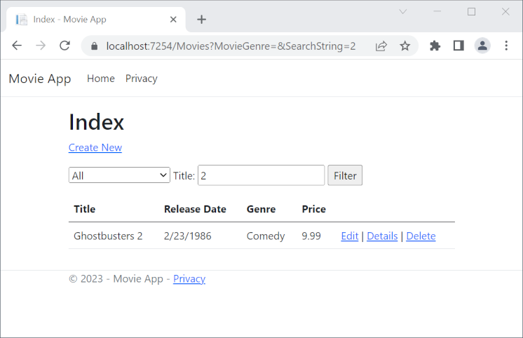 böngészőablak mutatja a https://localhost:5001/Movies?MovieGenre=Comedy& keresési kifejezés = 2