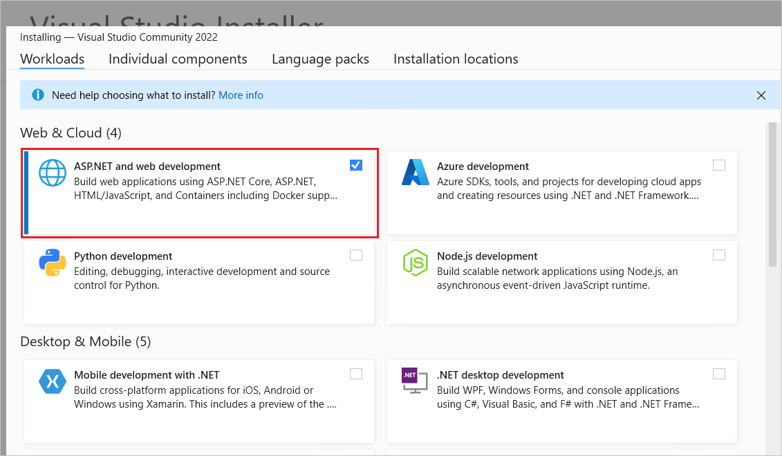 VS22 telepítő munkaterhelései