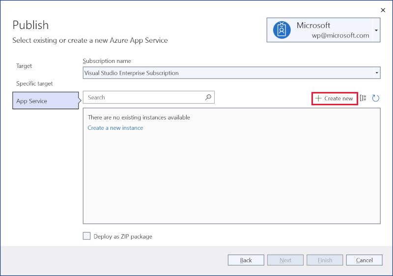 Publish dialog: select Azure Service instance