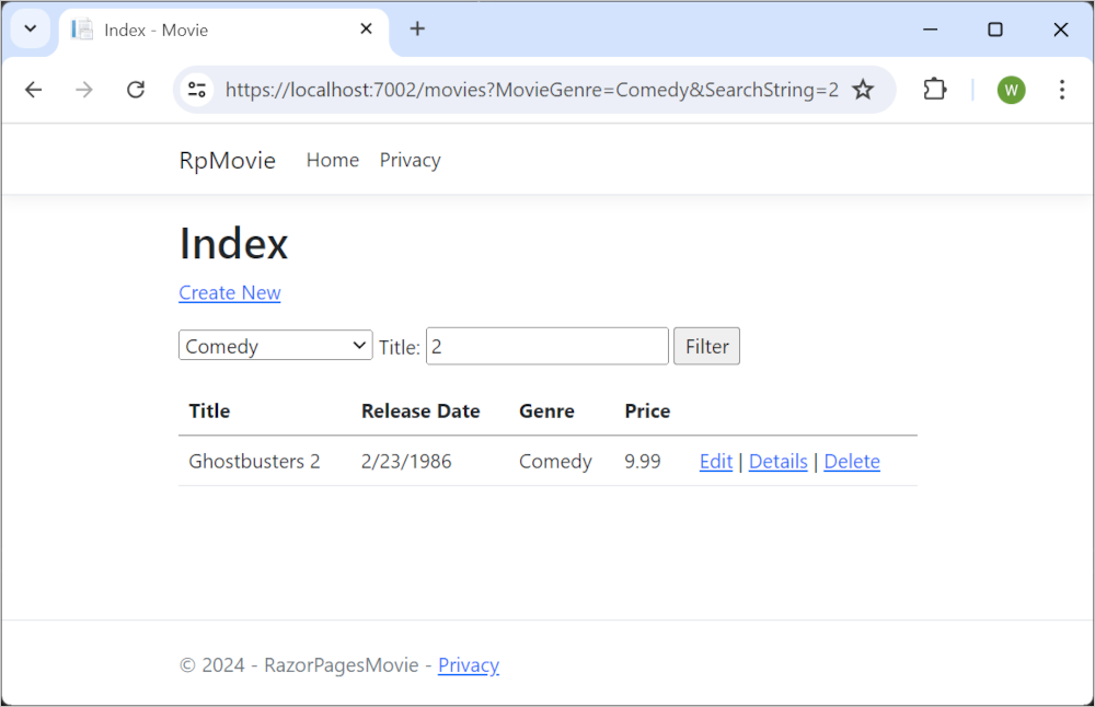Index view complete with Genre selector and Title textbox search filters