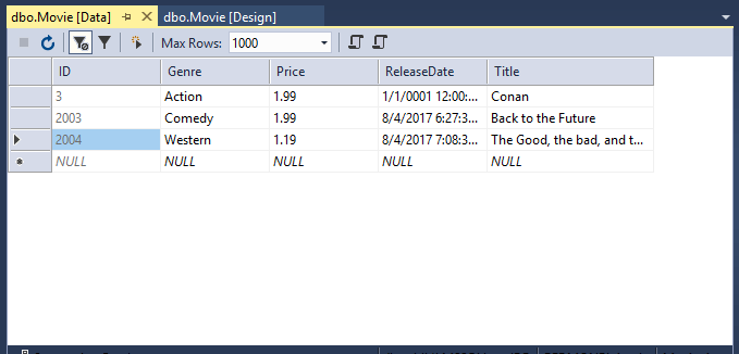 Movie table open showing table data