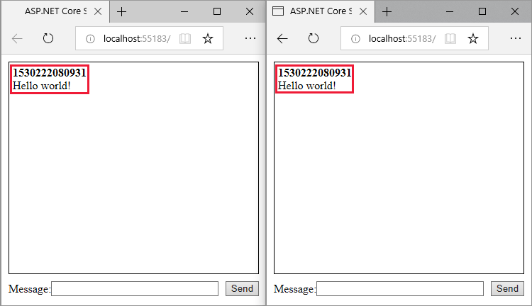 Message displayed in both browser windows