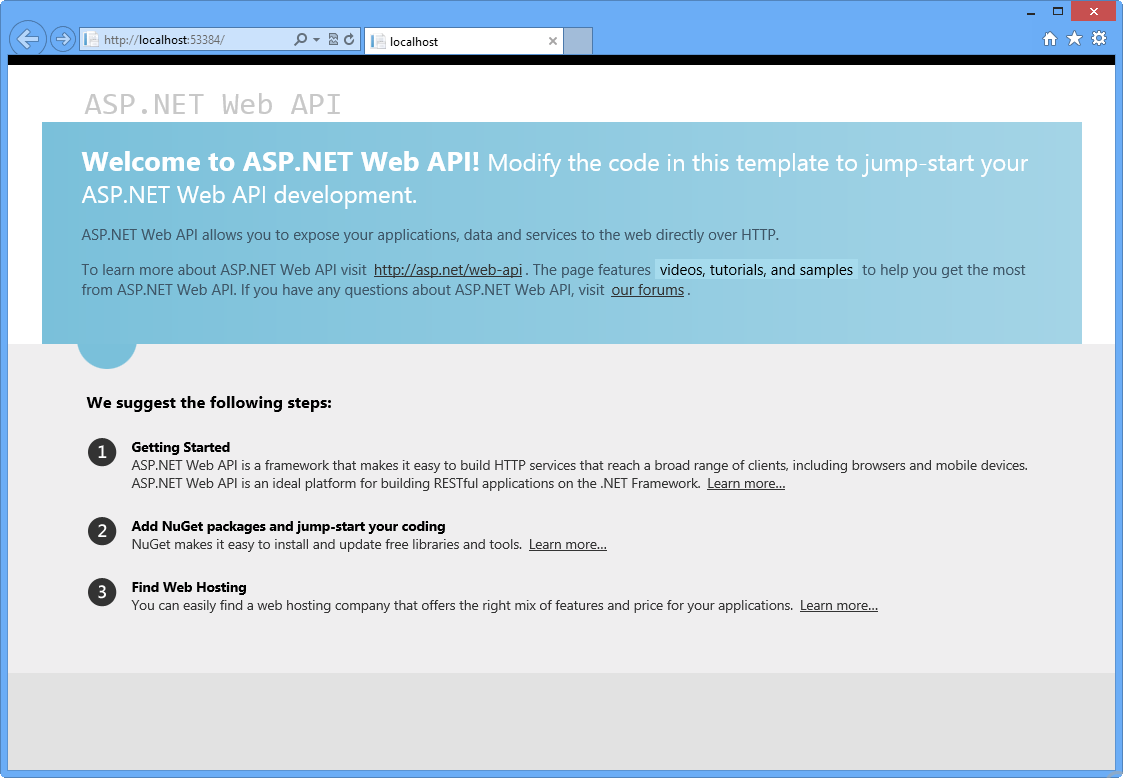 The default home page of an ASP.NET Web API application The default home page of an ASP.NET Web API application