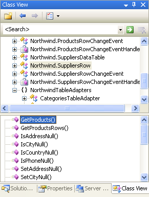 A GetProducts() metódus most az Northwind.SuppliersRow osztály része.