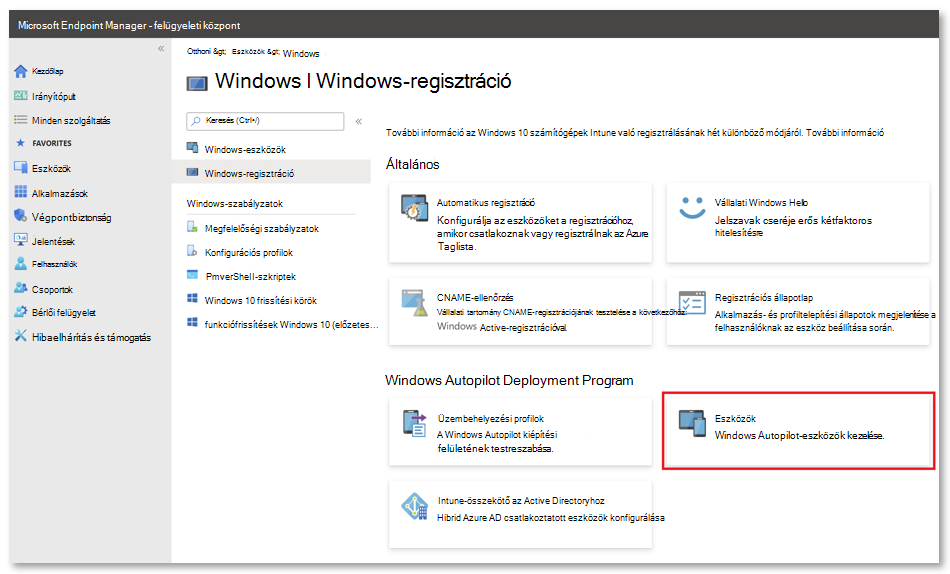 Képernyőkép a Felügyeleti központban a Windows Autopilot-eszközök importálására szolgáló beállításokról.