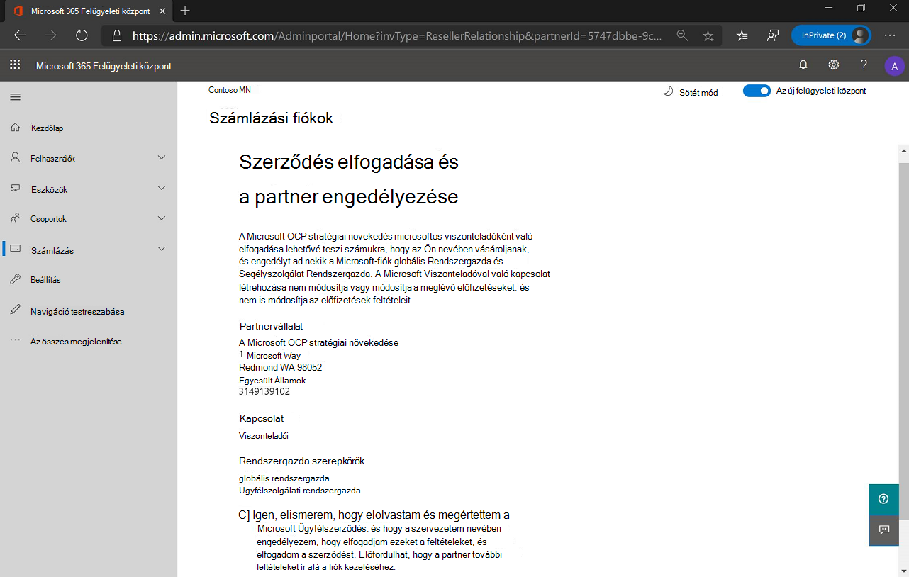 Képernyőkép a Szerződés elfogadása és a partner engedélyezése lapról – delegált rendszergazdai jogosultságok.