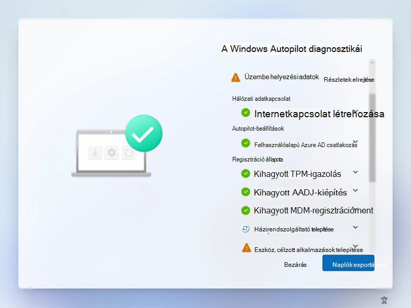 A Windows Autopilot diagnosztikai oldala ki van bontva a részletek megjelenítéséhez.