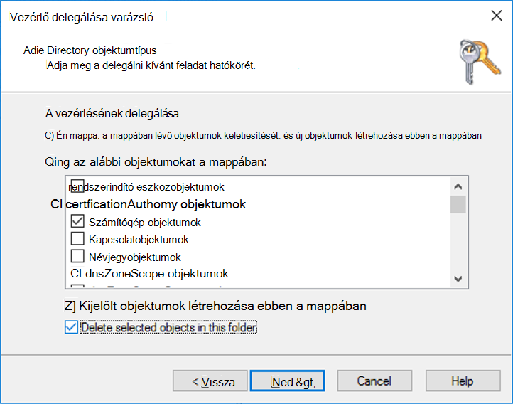 Képernyőkép az Active Directory objektumtípus paneljéről.