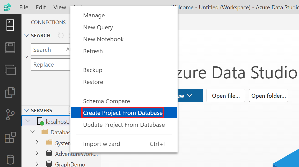 Az Azure Data Studio objektumkezelőjének képernyőképe, amely bemutatja, hogyan hozhat létre projektet adatbázis-objektumból.