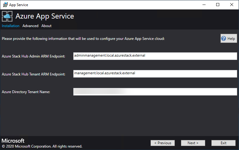 Képernyőkép az App Service ARM-végpontjainak megadására szolgáló képernyőről.