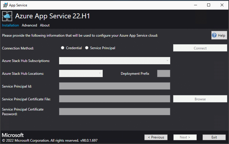 Képernyőkép arról, hogy hol adja meg az Azure Stack Hub-előfizetés adatait az App Service-telepítőben.