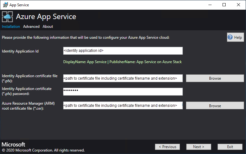 Képernyőkép arról a képernyőről, amelyen a Microsoft Entra/ ADFS Identity Application és az Azure Stack Resource Manager-tanúsítvány adatait adja meg az App Service Installerben