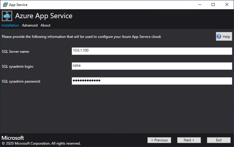 Képernyőkép arról a képernyőről, amelyen az SQL Server kapcsolati adatait adja meg az App Service Installerben