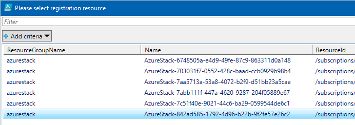 Képernyőkép, amelyen a kiválasztott előfizetésben elérhető összes Azure Stack-regisztráció listája látható.