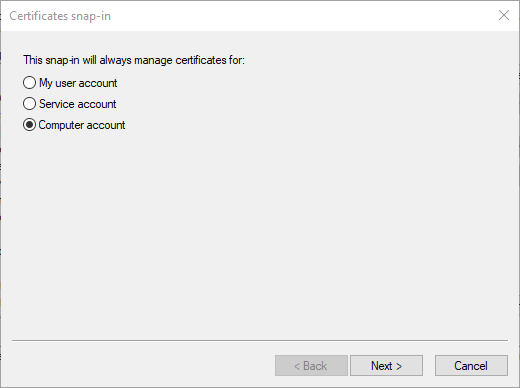 Fiók kiválasztása a Tanúsítványok hozzáadása beépülő modulhoz a Microsoft Management Console-ban