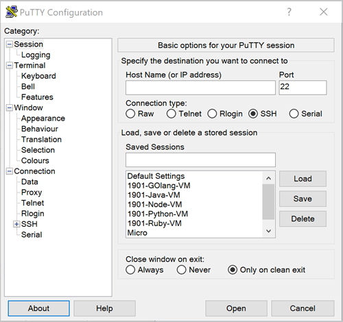 A PuTTY-konfiguráció panel