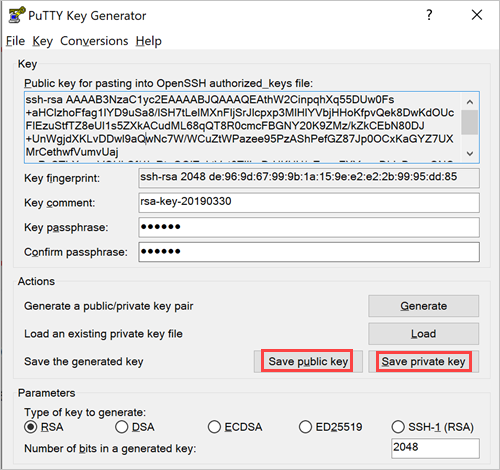 PuTTY-kulcsgenerátor egy kitöltött kulcsmezővel