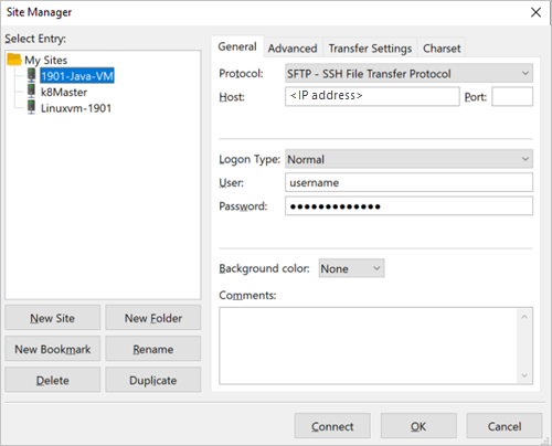 A FileZilla Site Manager panel