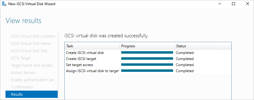 Az Új iSCSI virtuális lemez varázsló Eredmények lapján látható, hogy az ISCSI virtuális lemez létrehozása sikeres volt.