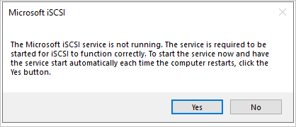 A Microsoft iSCSI párbeszédpanel azt jelenti, hogy az iSCSI szolgáltatás nem fut; A szolgáltatás elindításához egy Igen gomb található.