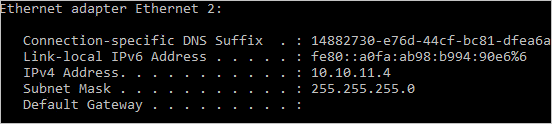 A részleges ipconfig-lista azt mutatja, hogy az Ethernet 2 Ethernet-adapter IPv4-címe 10.10.11.4.