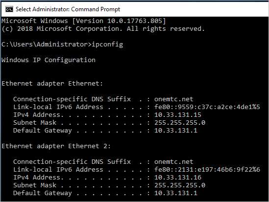 A részleges ipconfig parancs kimenete két Ethernet-adaptert jelenít meg ugyanazon az alhálózaton; az IP-címek a következők: 10.33.131.15 és 10.33.131.16.