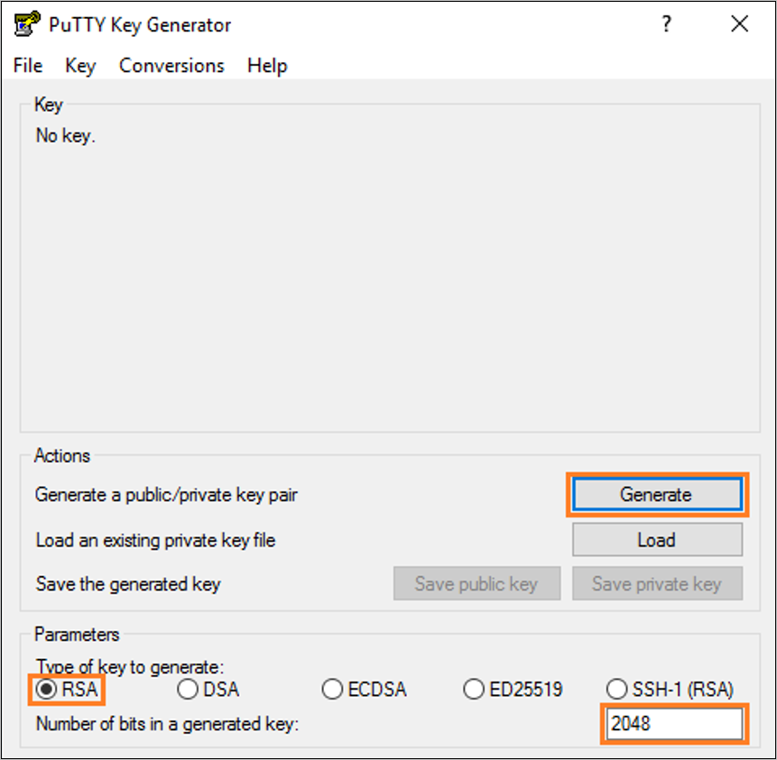 PuTTY-kulcsgenerátor konfigurációja