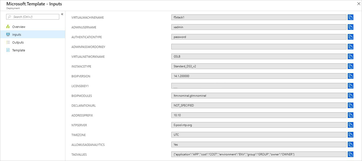 A Microsoft.Template párbeszédpanel Bemenetek lapján 15 szövegmező látható, például VIRTUALMACHINENAME és ADMINUSERNAME, amelyek egy példatelepítés értékeit tartalmazzák.