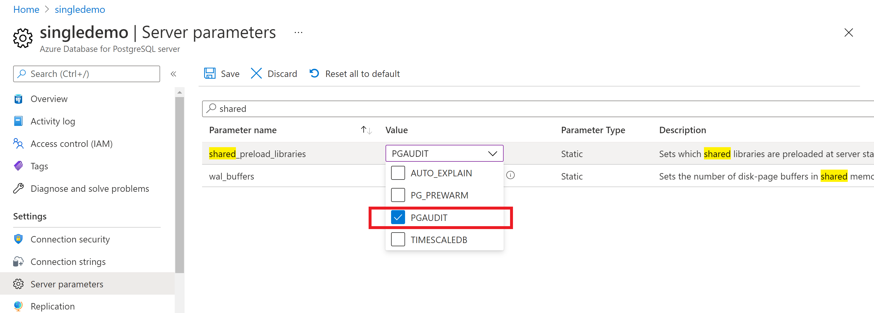 Képernyőkép az Azure Database for PostgreSQL-ről, amely lehetővé teszi a PGAUDIT shared_preload_libraries.