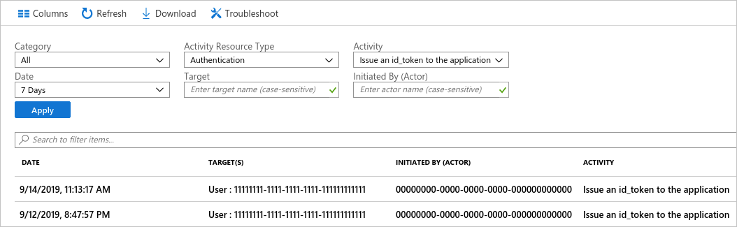 Példaszűrés két tevékenységeseménysel a Azure Portal