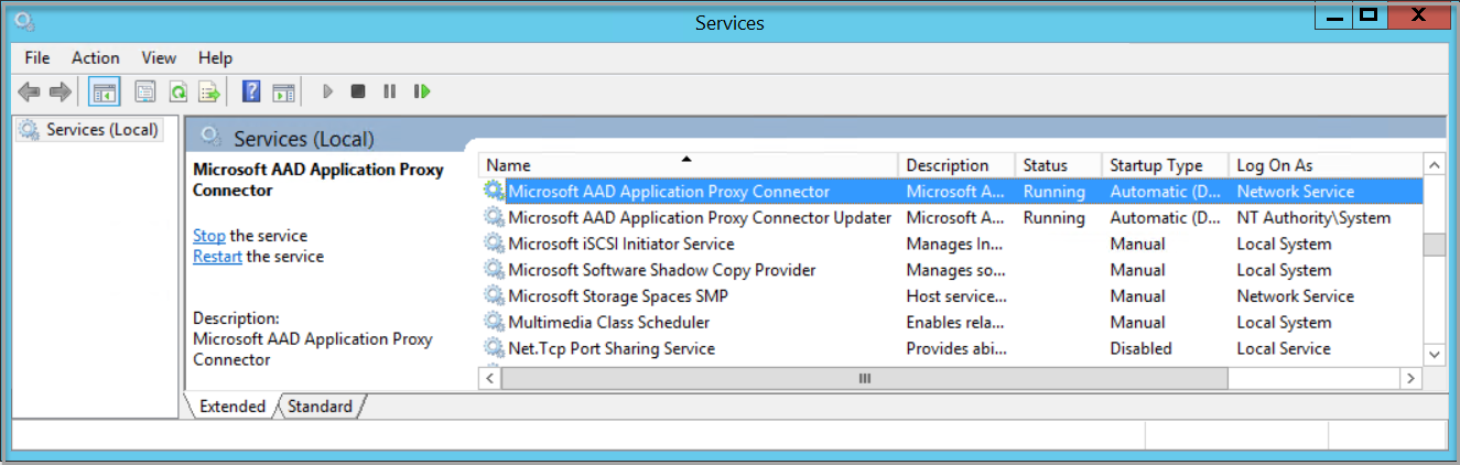 Példa: Szolgáltatások ablak Azure AD szolgáltatások helyi megjelenítésére