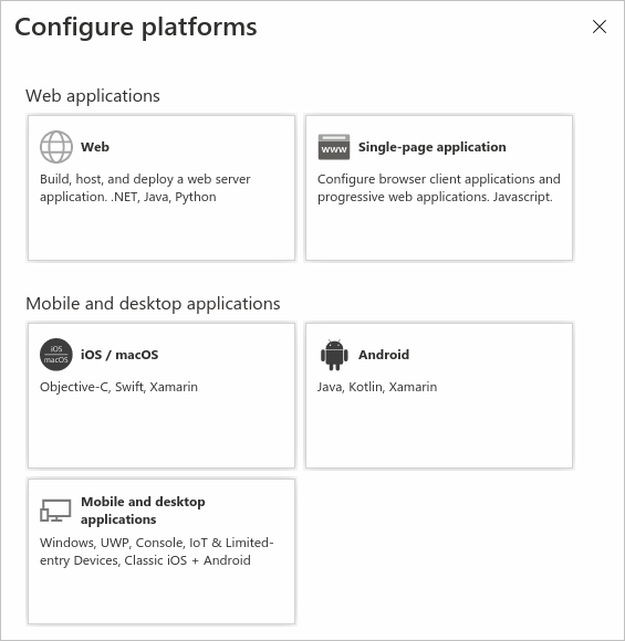 Képernyőkép az Azure Portal platformkonfigurációs paneljéről.