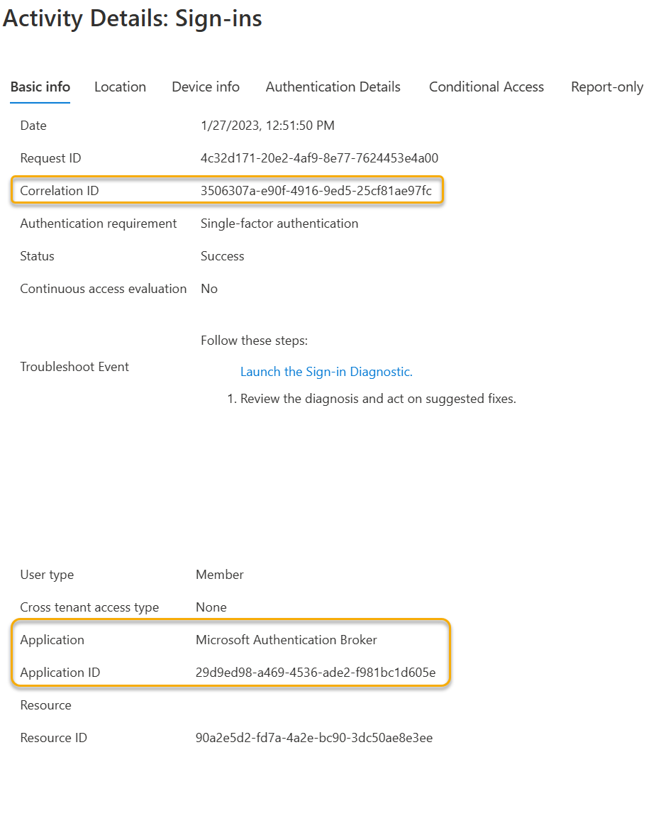 Képernyőkép a Microsoft Entra ID-ból származó interaktív felhasználói bejelentkezésekről, amelyen egy interaktív bejelentkezés látható a Microsoft Authentication Broker Szolgáltatásba.