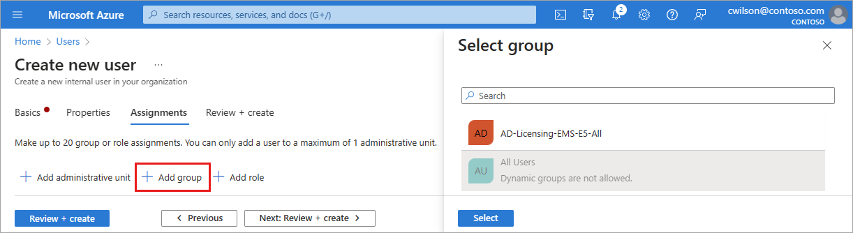 Képernyőkép a csoport-hozzárendelés hozzáadásának folyamatáról.